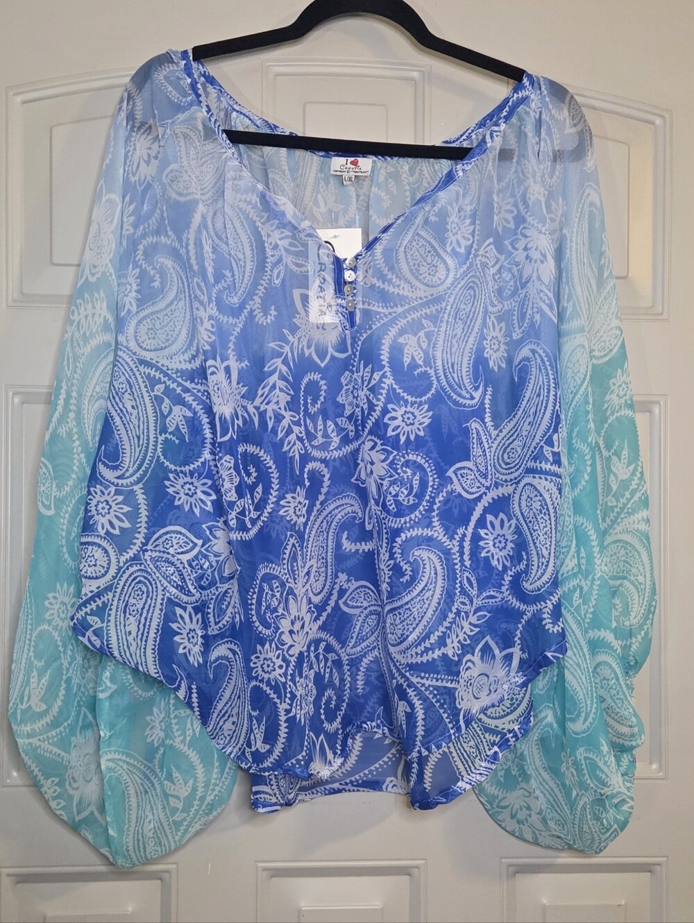 NWT - I ❤️ Croatia - Blue And Aqua Paisley Sheer Peasant Blouse